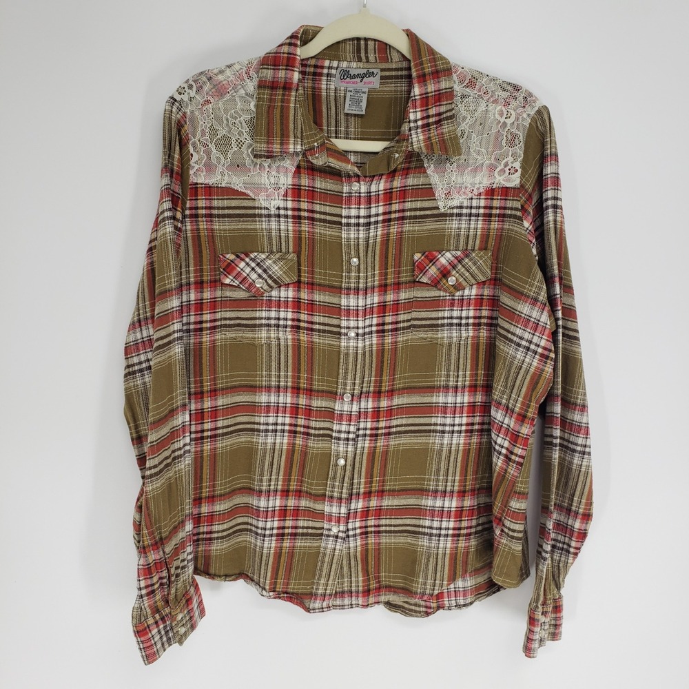Wrangler Lace Yoke Plaid Button Down Shirt Women Size XXL Olive Red Western Snap